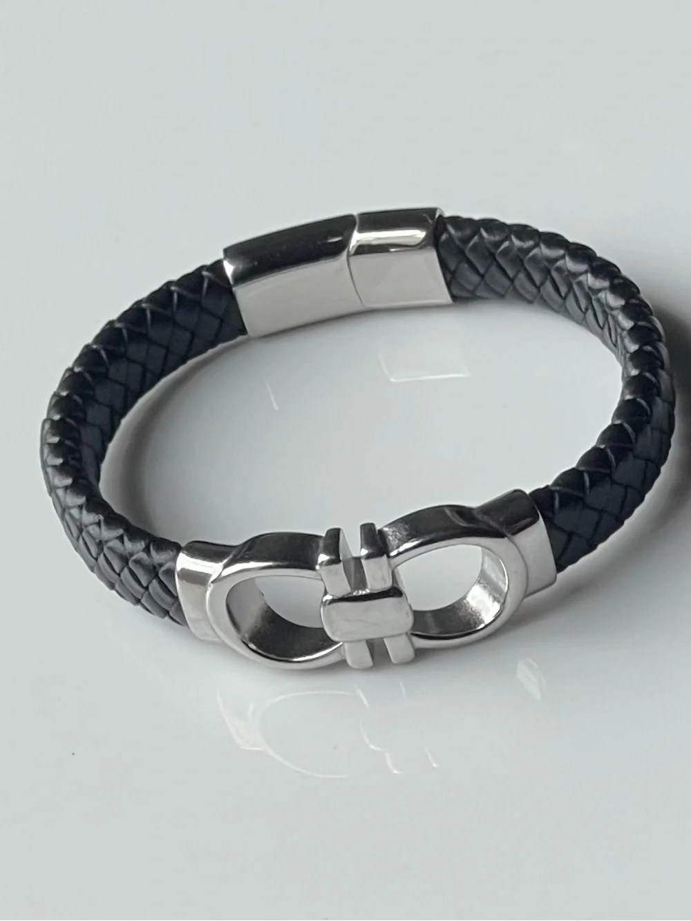 Men's Black Braided Leather Bracelet with Silver Clasp